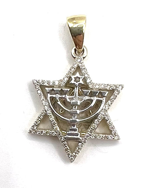 14K Gold & Diamond Star of David and Menorah Necklace